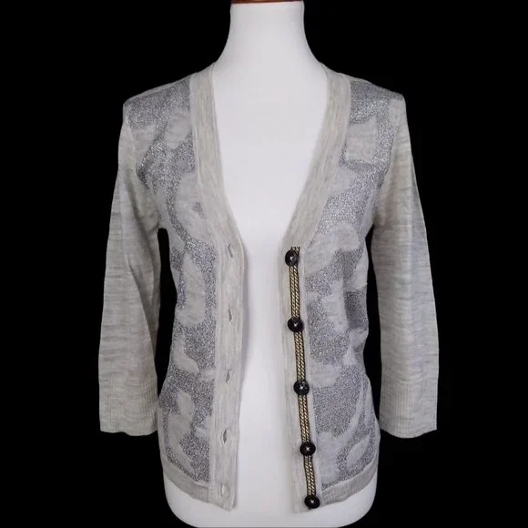 NWT BKE Boutique 93% Wool Cardigan Sweater Size L Gray Silver Metallic Thin Knit - Picture 3 of 9